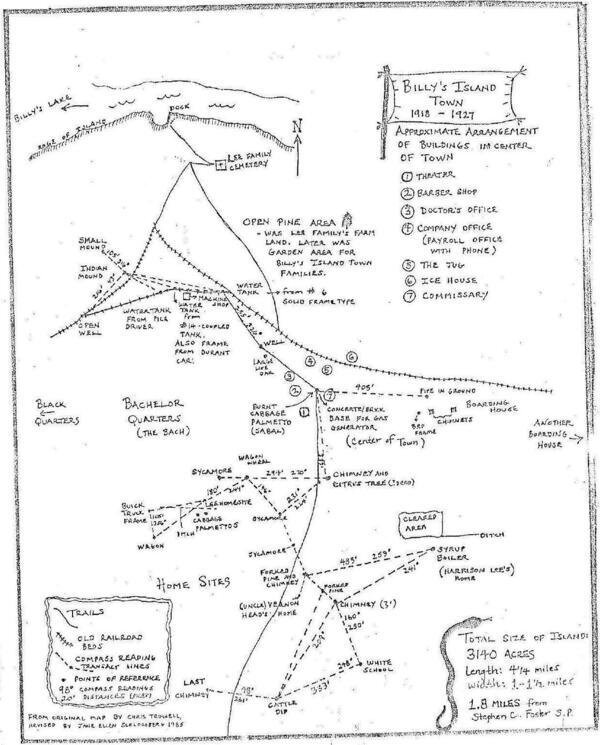 Billys Island Town 1918-1927 From Original Map by Chris Trowell, Revised by Jane Ellen Schlossberg 1985