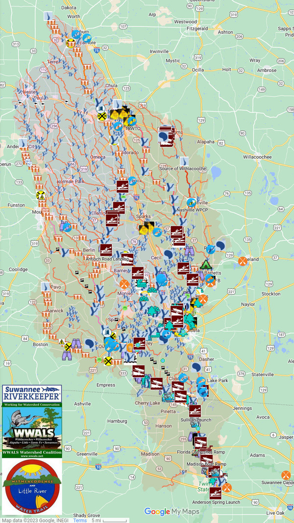 [Map of the Withlacoochee and Little River Water Trail (WLRWT), on which you can see the New River arising south north of Tifton, joining the Withlacoochee, joined by the Little River, and ending up in the Suwannee. 2023-12-28]