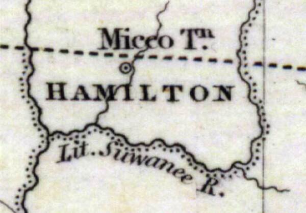 [Hamilton County, 1832, I.T. Hinton & Simpkin & Marshall Map, Map Credit: Courtesy of the Special Collections Department, University of South Florida. Digitization provided by the USF Libraries Digitization Center. The upper Suwannee back then was known as the Little Suwanee River, and the only settlement shown in Hamilton County, Florida, was “Micco Tn.” on the (unlabeled) Alapaha River.]