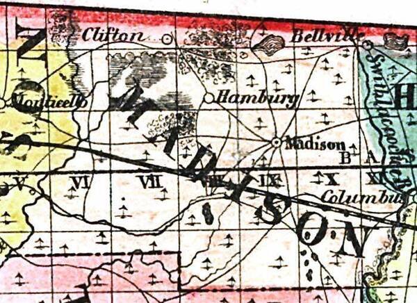 [Madison County, 1856, Surveyor Map from 1856. Map Credit: Courtesy of the private collection of Roy Winkelman. A town labeled “Columbus” is at the future site of Ellaville, and Madison has appeared. The Withlacoochee is labeled “Swithlacoochee R.” Or maybe they only made it to Belleville.]