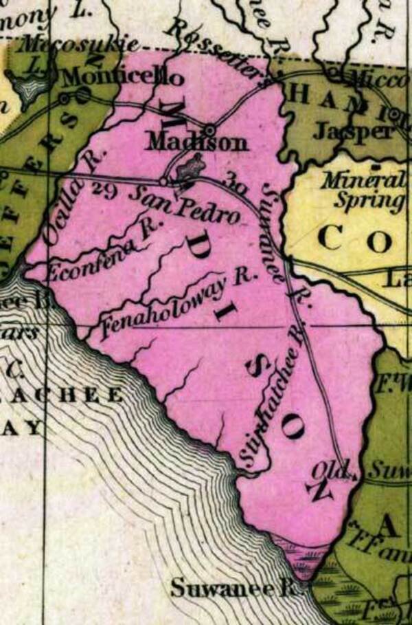 [Madison County, 1839, Map of Florida that was, “Entered according to Act of Congress in the year 1839 by H. S. Tanner in the clerks office of the eastern district of Pennsylvania.” Map Credit: Courtesy of the Special Collections Department, University of South Florida. Digitization provided by the USF Libraries Digitization Center. “Rossiter’s” is shown, along with Jasper in Hamilton County and “Mineral Spring” on the “Suwanee R.” in Columbia County, where today’s Suwannee County would be, and across the river from today’s White Springs. The “Fenaholoway R.” is labeled.]