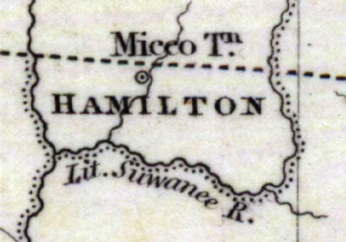 Hamilton County, 1832, I.T. Hinton & Simpkin & Marshall Map, Map Credit: Courtesy of the Special Collections Department, University of South Florida. Digitization provided by the USF Libraries Digitization Center. The upper Suwannee back then was known as the Little Suwanee River, and the only settlement shown in Hamilton County, Florida, was “Micco Tn.” on the (unlabeled) Alapaha River.