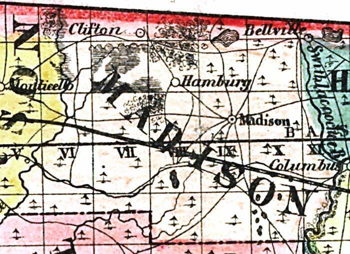 Madison County, 1856, Surveyor Map from 1856. Map Credit: Courtesy of the private collection of Roy Winkelman. A town labeled “Columbus” is at the future site of Ellaville, and Madison has appeared. The Withlacoochee is labeled “Swithlacoochee R.” Or maybe they only made it to Belleville.