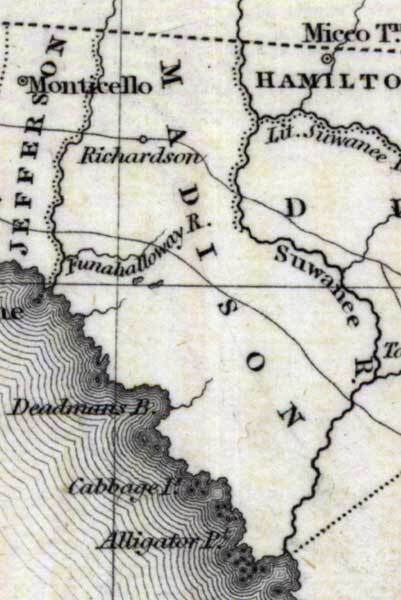 Madison County, 1832, I.T. Hinton & Simpkin & Marshall Map, Map Credit: Courtesy of the Special Collections Department, University of South Florida. Digitization provided by the USF Libraries Digitization Center. Madison County extended all the way to the Gulf back then, and the lower Suwannee was called “Suwanee R.”