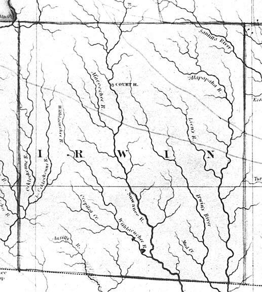 Irwin County, 1823, GeorgiaInfo, Source: Map of Georgia and Alabama by H.S. Tanner, 1823. This map before the creation of Lowndes County shows what might be Franks Creek flowing into the Little River, which is labeled “Suwanee R.”, with part farther upstream labeled “Alacoochee R.” Okapilco Creek is labeled “Withlacuchee R.” with a western offshoot labeled “Ocapilca Cr.” Eastwards Grand Bay Creek is labeled “Irwin’s River” before it joins with Mud Creek (correctly labeled “Mud Cr.”) and the river they then join is labeled way upstream “Alapapaha R.”