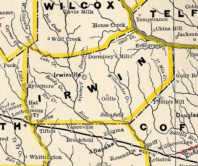 Irwin County, 1885b, GeorgiaInfo, Source: George Cram Railroad and County Map of Georgia, 1885, on which Peckville is labeled “Peck” and the river is “Little River”. Eastwards the “Allapaha River” and “Willocoochee Cr.” are labeled.