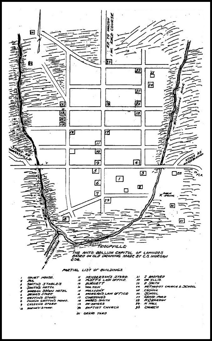 Sketch of Old Troupville, GA by C.S. Morgan, in Ray City History Blog, 9 February 2014, Map of Old Troupville, GA with Notes on the Residents.