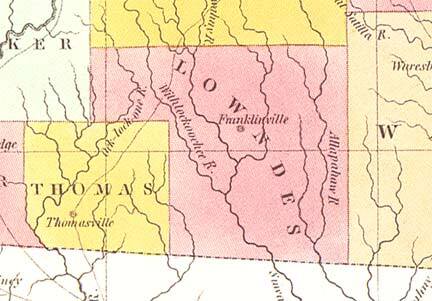 Lowndes County, 1830, GeorgiaInfo. This earliest map of Lowndes County shows Franklinville, and Okapilco Creek marked as “Withlockoochee R.”, shortly after the creation of Lowndes County from Irwin County. Old Coffee Road is shown coming up from Tallahassee through Thomasville and onwards northeast through Lowndes into Irwin County.