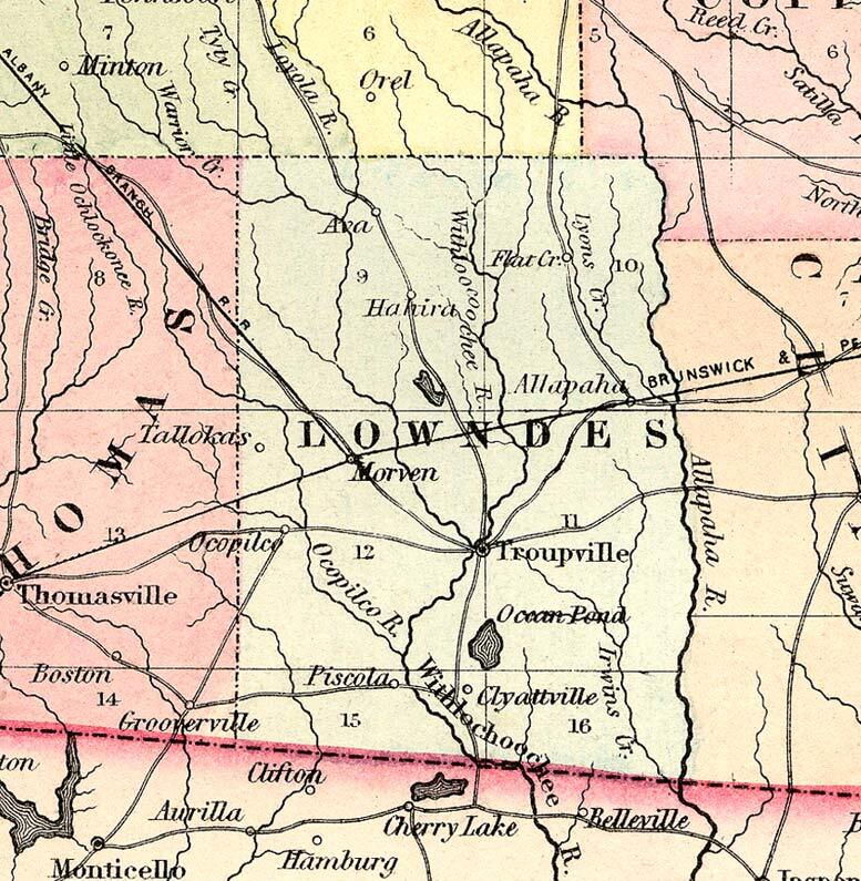 Lowndes County, 1855, GeorgiaInfo, with Troupville on (the wrong bank of) the “Withloocoochee R.”, which towards the state line is marked with an extra “ch” as “Withlochoochee”. Okapilco Creek is marked “Ocopilco R.”, and the Little River is not named. The towns of Hahira, Morven, Ocopilco (apparently where Quitman would be), Clyattville, Ocean Pond, Cherry Lake, and Belleville have appeared, along with now-forgotten ones such as Ava, Tallokas, Grooverville, and Piscola. Also, the Alapahoochee River is marked “Irwins Cr.”, and the town of Allapaha has appeared upstream, or is that Ray City?