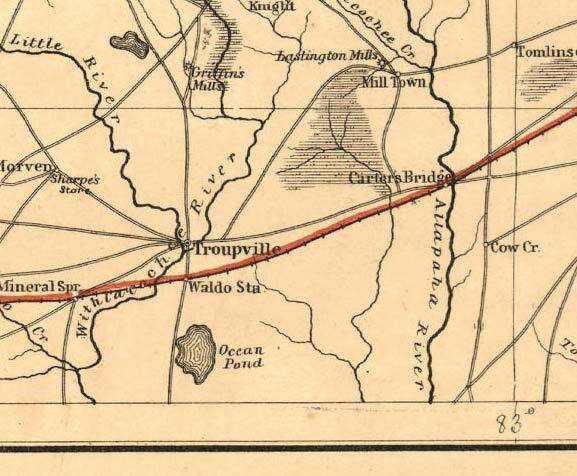 Portion of Lowndes County Area, 1865, GeorgiaInfo, U.S. Coast Survey Map, Southern Georgia and Part of South Carolina, 1865 uses the current river names, but never heard of Valdosta or Statenville, and Troupville is still there, with the railroad bypassing it, yet “Waldo Sta.” on the railroad due south of Troupville. On the ALapaha, the railroad crosses on “Carter’s Bridge”.