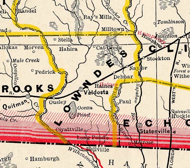 Lowndes County, 1885b, Source: George Cram Railroad and County Map of Georgia, 1885, with the “Withcacoochee” River and the Alapahoochee River labeled “Withlocoochee River”. Quitman, Ousley, Valdosta, Haines, Delmar, and Stockton all on the railroad, but no Troupville.