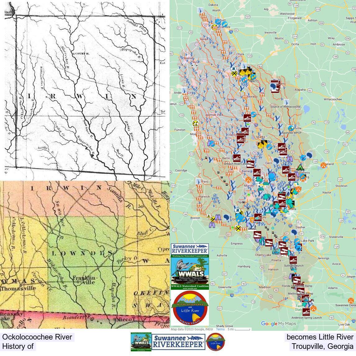 Withlacoochee River labeled Suwanee R. in 1823 Irwin and 1834 Lowndes County maps; current WWALS Withlacoochee and Little River Water Trail map