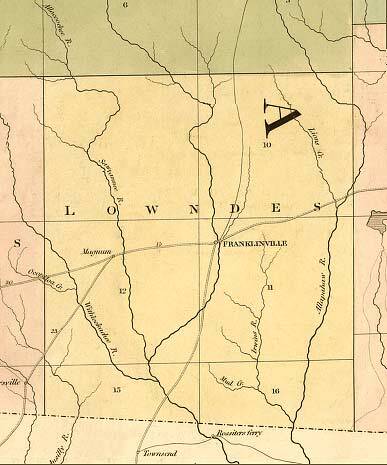 [Lowndes County, 1839, GeorgiaInfo, GeorgiaInfo, “Map of Georgia & Alabama exhibiting the post offices, post roads, canals, rail roads & c. By David H. Burr. (Late topographer to the Post Office.) Geographer to the House of Representatives of the U.S.” From his The American Atlas (London, J. Arrowsmith, 1839) . Franklinville appears on an unnamed river, the Little River is marked as “Sawannee R.” with a town called “Magnes” on it, Okapilco Creek is marked as “Withieckochee R.” (or something like that), and some tributary of it is marked “Ocopilco Cr.” I’m proud to see Tom’s Branch, which runs through my property, is clearly drawn, albeit unnamed, with its confluence just south of Franklinville Road. A road south from Franklinville goes to “Townsend” in Madison County, Florida, and on a road east of that there’s a “Rossiter’s Ferry” on the Withlacoochee in Hamilton County. Also, Grand Bay Creek is marked “Irwins R.”, flowing into the “Allapahaw R.”]