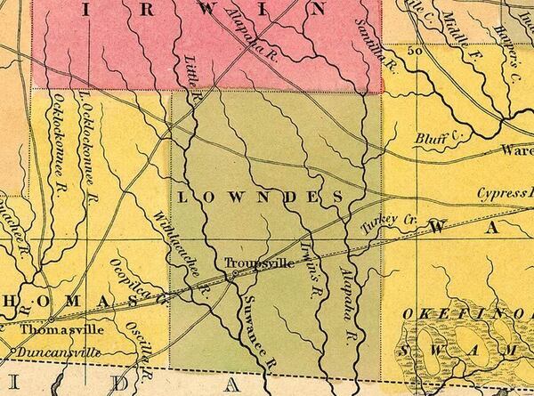 [Lowndes County, 1846, GeorgiaInfo, with “Troupsville” on the Little River marked as “Suwanee R.”, with Okapilco Creek marked as “Withlacuchee R.” and some other creek marked as “Ocopilca Cr.” The “Okefinoke Swamp” has changed spelling slightly, but still extends almost west to the Alapaha River.]