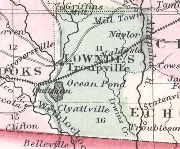 [Lowndes County, 1863, GeorgiaInfo, with Troupville still marked, but Valdosta, Quitman, and Naylor have have appeared along with the railroad. The “Withlochochee” River is marked, as is the “Ocapilco R.” On the “Allapaha R.”, Milltown, Statenville, and Troublesome have appeared.]