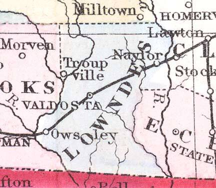 Lowndes County, 1874, GeorgiaInfo, Source: Augustus Mitchell Map of Georgia and Alabama, 1874 has “Owsley”, Valdosta, Naylor, Stockton, and Statenville, and still has Troupville.