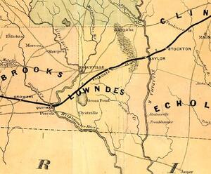 [Lowndes County, 1864, GeorgiaInfo, with most of the current river names: “Withlocoochee Riv.”, “Little River”, “Ocopilco Cr.” Troupville is still marked as substantial, but Valdosta is on the railroad. And “Irwin’s Cr.” sstill appears instead of Alapahoochee River, with an old spelling of where it goes: “Allapaha R.”]