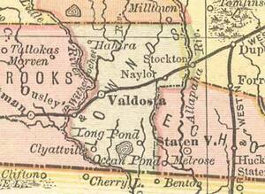 [Lowndes County, 1885a, Source: Rand McNally Map of Georgia, 1885, with the “Withcacoochee Riv.” No Troupville.]