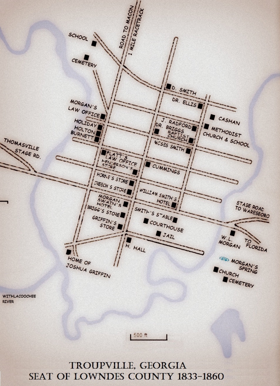 [Map of Troupville, GA adapted from C.S. Morgan, in Ray City History Blog, 9 February 2014, Map of Old Troupville, GA with Notes on the Residents.]