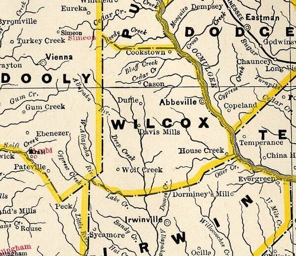 [Wilcox County, 1885, GeorgiaInfo, Source: George Cram Railroad and County Map of Georgia, 1885; maybe the article is referring to Hat Creek or Sandy Creek: the Alapaha itself starts quite a bit north of the origin of the Little River.]