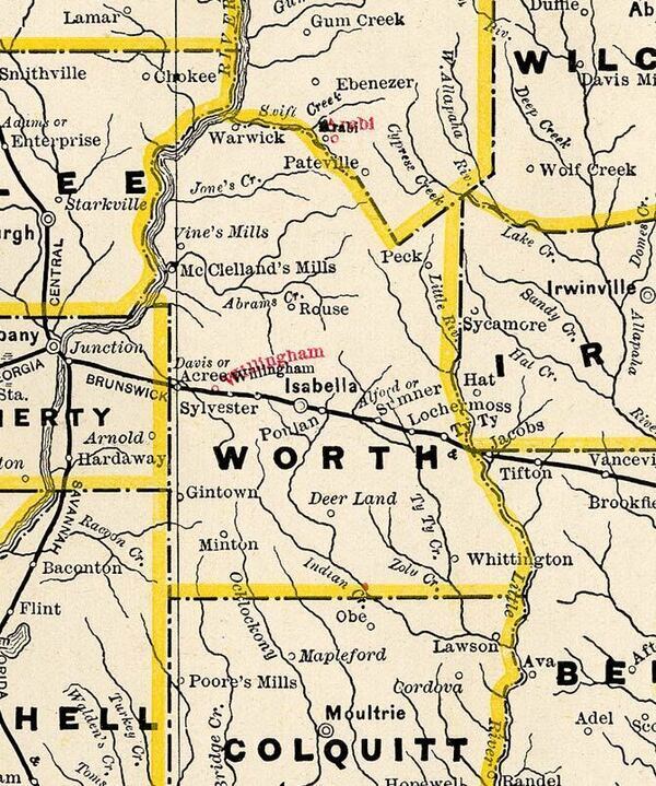 [Worth County, 1885a, GeorgiaInfo, George Cram Railroad and County Map of Georgia, 1885, showing Ty Ty Creek and Indian Creek.]