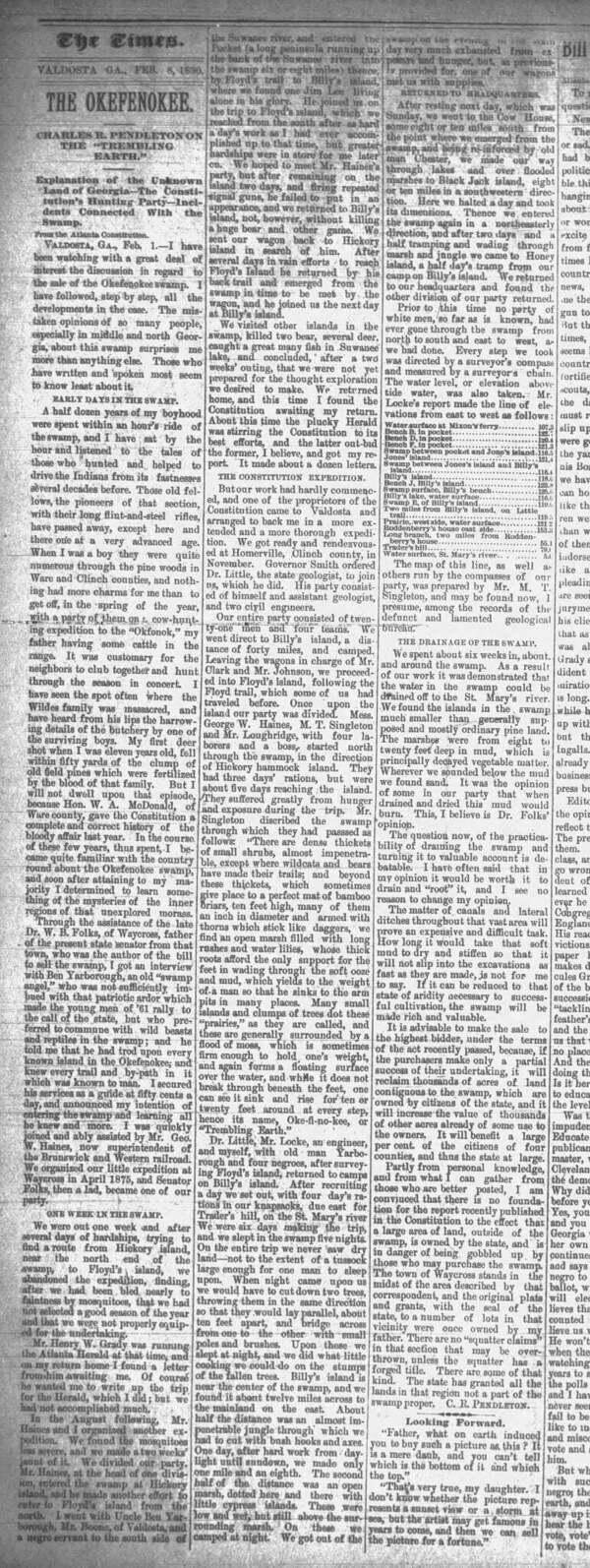 [The Okefenokee: Charles R. Pendleton on The Trembling Earth, The Times, Valdosta, Ga. 1890-02-08]