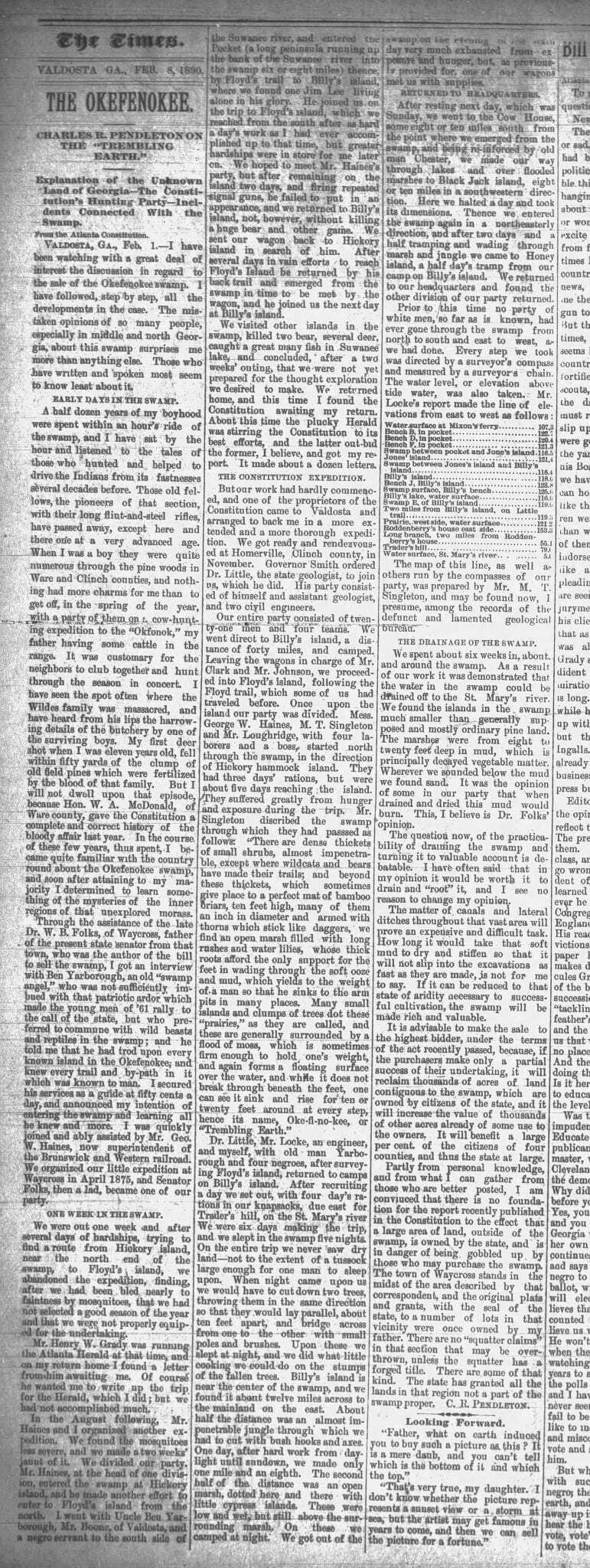 The Okefenokee: Charles R. Pendleton on The Trembling Earth, The Times, Valdosta, Ga. 1890-02-08