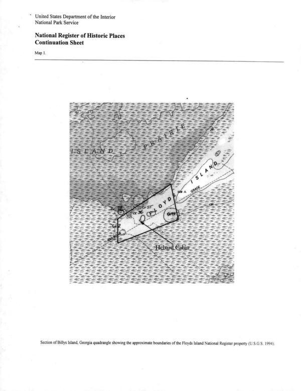 [Map 1: Section of Billys Island, Georgia quadrangle showing the approximate boundaries of the Floyds Island National Register property (U.S.G.S. 1994).]