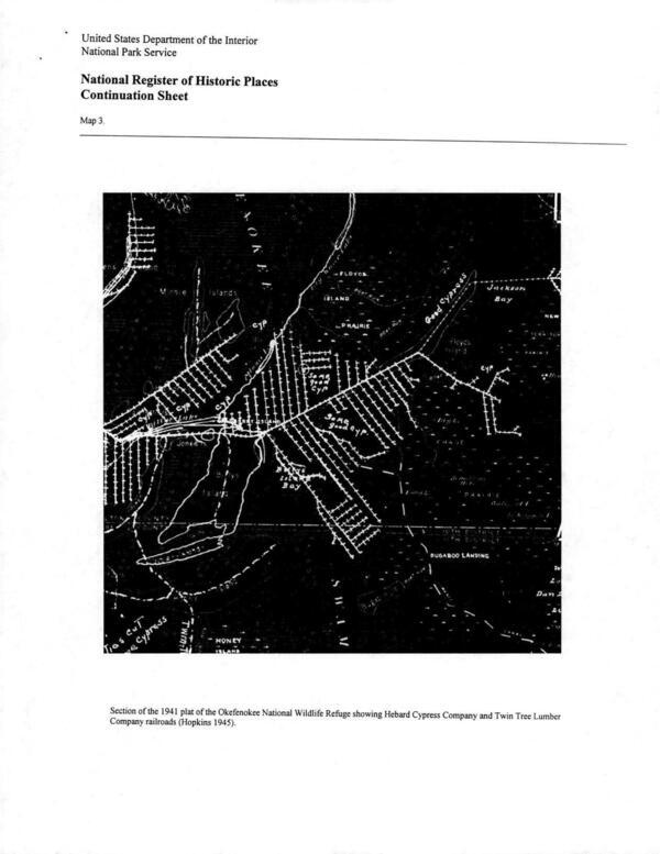 Map 3: Section of the 1941 plat of the Okefenokee National Wildlife Refuge showing Hebard Cypress Company and Twin Tree Lumber Company railroads (Hopkins 1945)