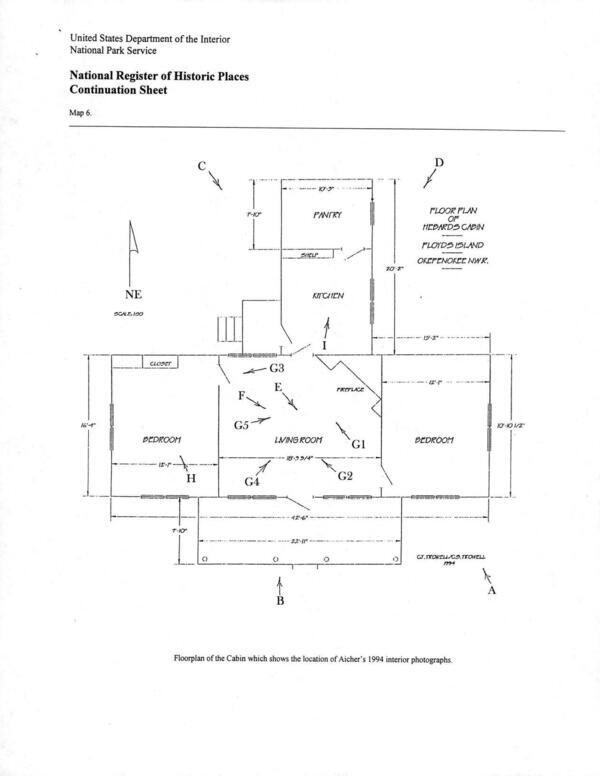 Map 6: Floorplan of the Cabin which shows the location of Aicher’s 1994 interior photographs.