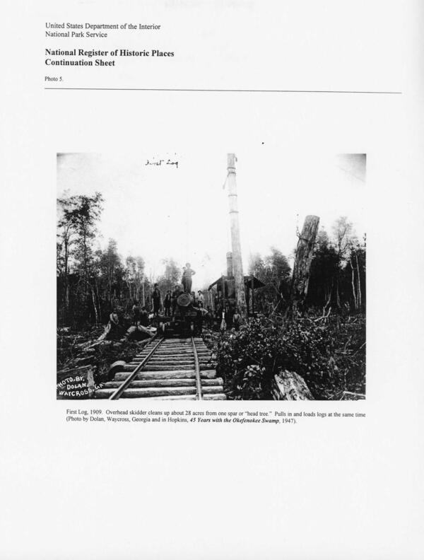 Photo 5: First Log, 1909. Overhead skidder cleans up about 28 acres from one spar or “head tree.” Pulls in and loads logs at the same time (Photo by Dolan, Waycross, Georgia and in Hopkins, 45 Years with the Okefenokee Swamp, 1947)