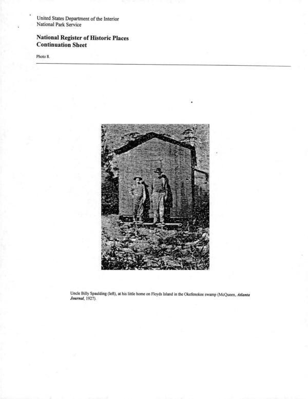 Photo 8: Uncle Billy Spaulding (left), at his little home on Floyds Island in the Okefenokee swamp (McQueen, Atlanta Journal, 1927).