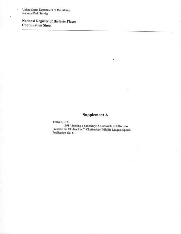 [Supplement A: Trowell, C.T., 1998 “Seeking a Sanctuary: A Chronicle of Efforts to Preserve the Okefenokee.” Okefenokee Wildlife League, Special Publication No. 6.]