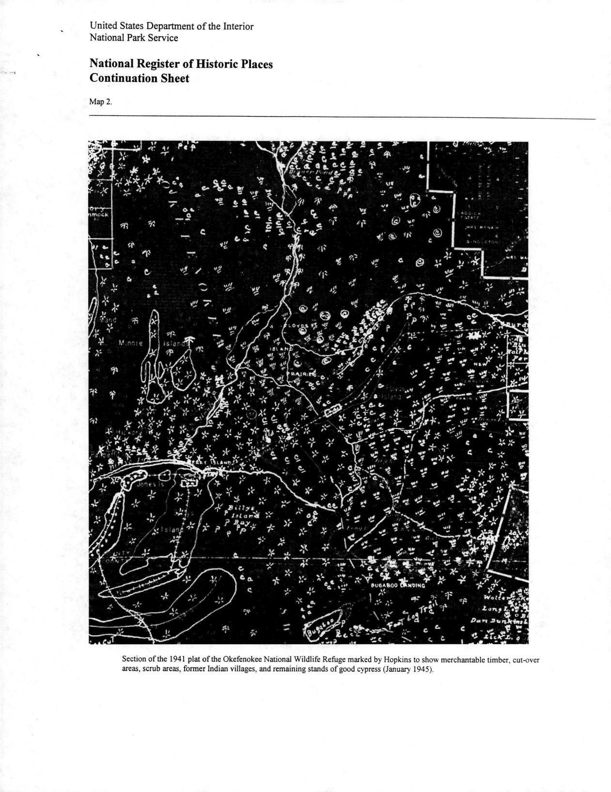 Map 2: Section of the 1941 plat of the Okefenokee National Wildlife Refuge marked by Hopkins to show merchantable timber, cut-over areas, scrub areas, former Indian villages, and remaining stands of good cypress (January 1945).