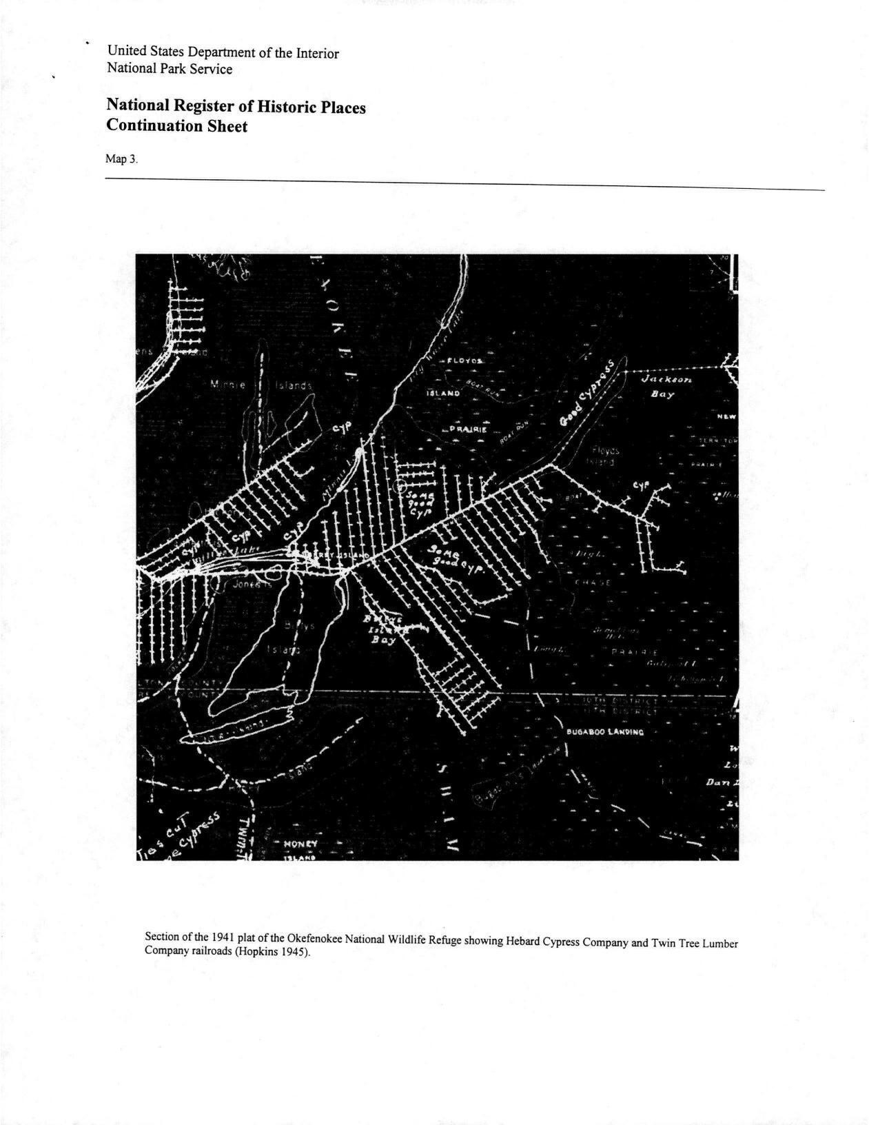 Map 3: Section of the 1941 plat of the Okefenokee National Wildlife Refuge showing Hebard Cypress Company and Twin Tree Lumber Company railroads (Hopkins 1945)