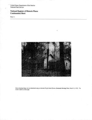 [Photo 11: Once a hunting lodge, now an abandoned camp on desolate Floyds Island (Bisson, Savannah Morning News, March 16, 1958) The Cook’s Cabin is on the right.]