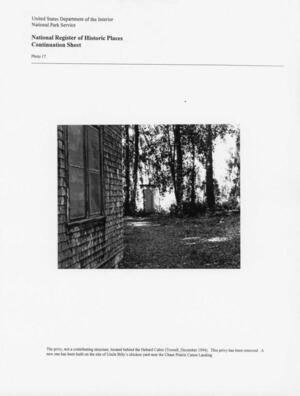 [Photo 17: The privy, not a contributing structure, located behind the Hebard Cabin (Trowell, December 1994). This privy has been removed new one has been built on the site of Uncle Billy’s chicken yard near the Chase Prairie Canoe Landing.]