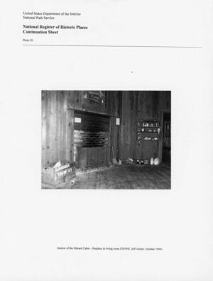 [Photo 20: Interior of the Hebard Cabin - fireplace in living room (ONWR, Jeff Aicher, October 1994).]