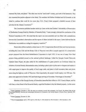 [Preservation efforts reached a critical mass in 1935. Congressman Braswell Deen and local promoters, including the Lions Club and the Rotary Club in Waycross were able to acquire approval of a conservation project proposal from the Rural Rehabilitation Corporation in April 1935.]