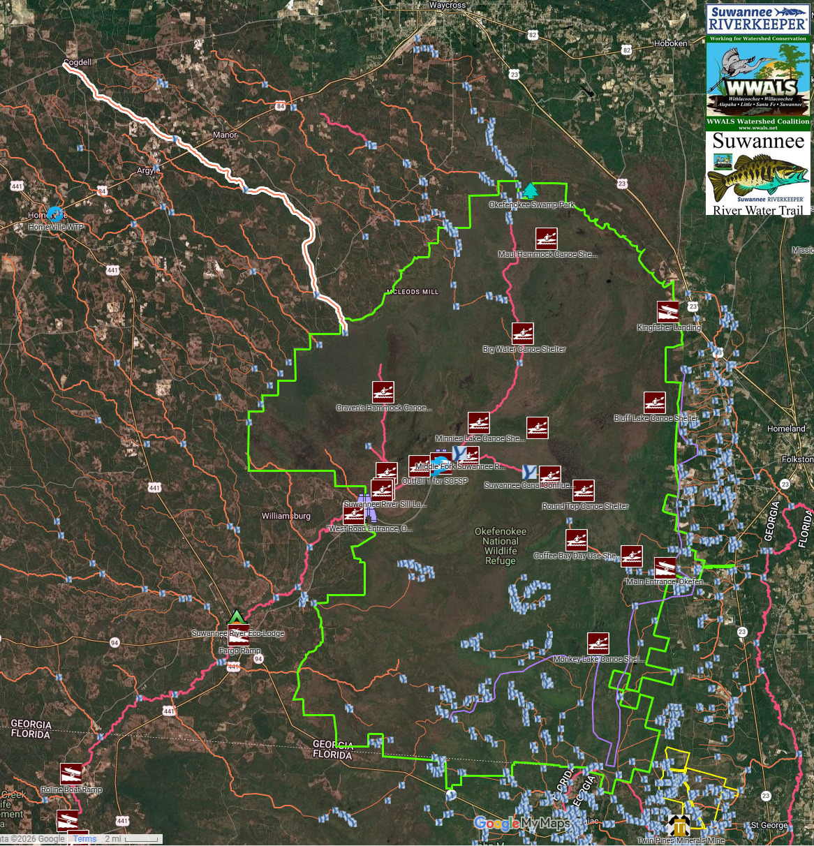 Map: Okefenokee NWR, 2026-02-12 --WWALS Suwannee River Water Trail