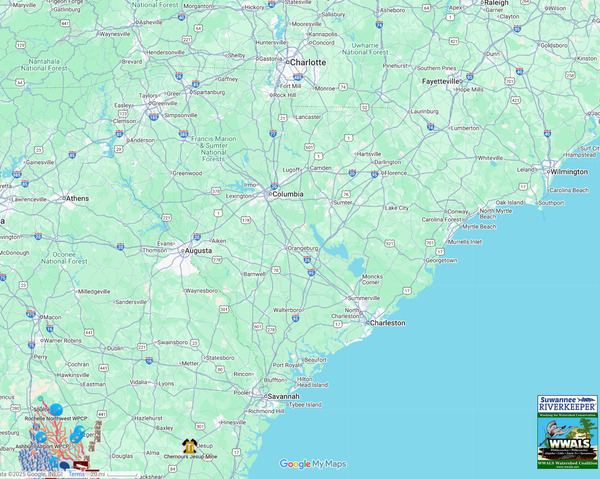[Map: Suwannee River Basin to SC, 2025-12-23 --WWALS Landings in the Suwannee River Basin]