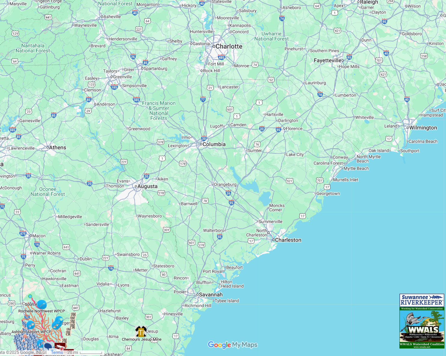 Map: Suwannee River Basin to SC, 2025-12-23 --WWALS Landings in the Suwannee River Basin