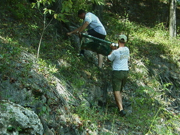 Mike and FWC biologist with large sturgeon wrapped in seine 2025-09-12 --Ken Sulak