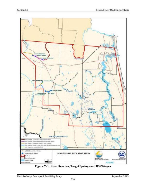 [Figure 7-3: River Reaches, Target Springs, and USGS Gages]