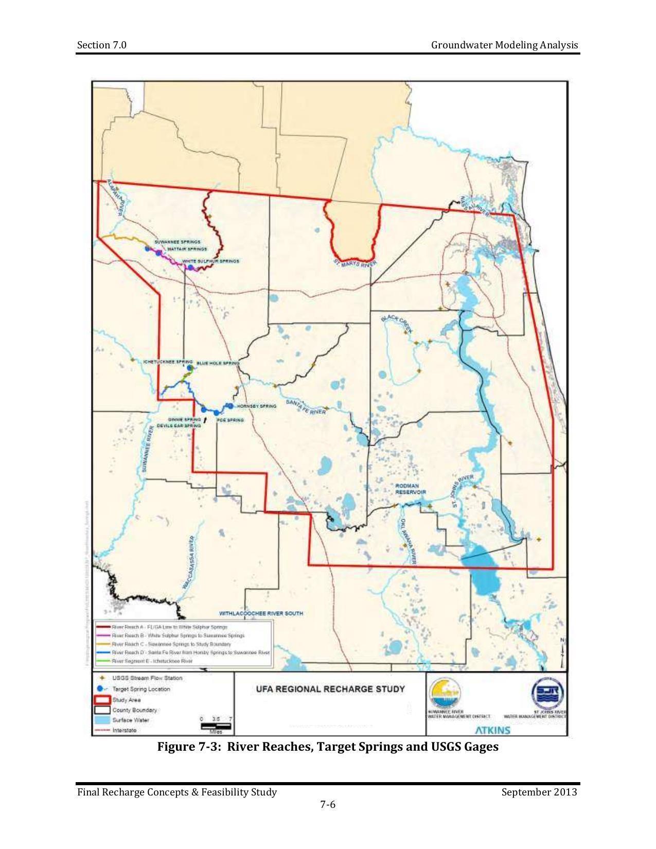 Figure 7-3: River Reaches, Target Springs, and USGS Gages