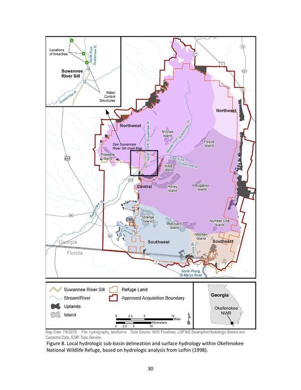 Figure 8. Local hydrologic sub-basin delineation and surface hydrology within Okefenokee National Wildlife Refuge, based on hydrologic analysis from Loftin (1998).