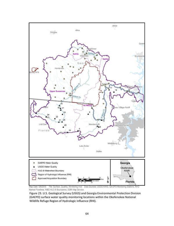 Figure 23. U.S. Geological Survey (USGS) and Georgia Environmental Protection Division (GAEPD) surface water quality monitoring locations within the Okefenokee National Wildlife Refuge Region of Hydrologic Influence (RHI).