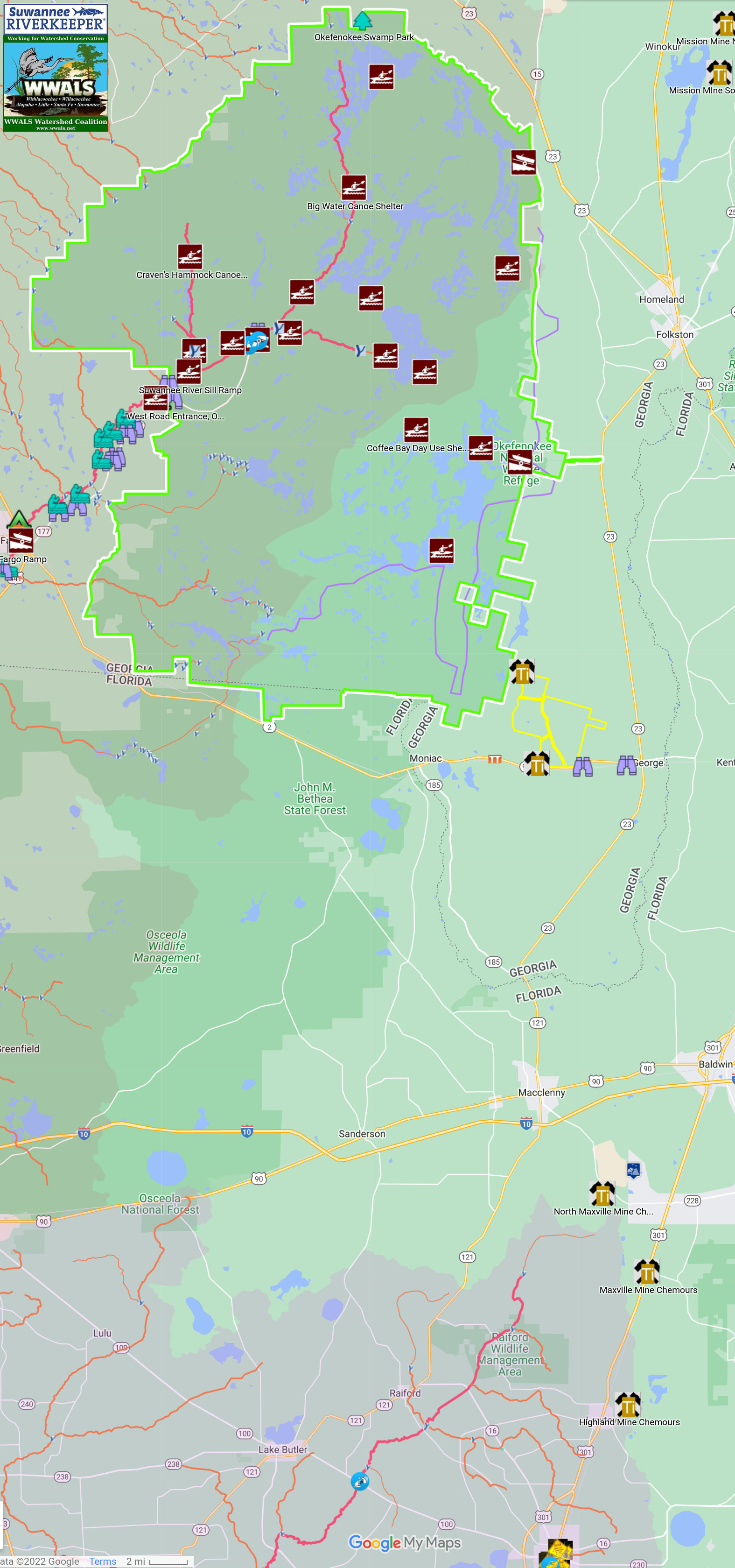 Titanium mines near the Okefenokee Swamp in the WWALS map of the Suwannee River Water Trail (SRWT)