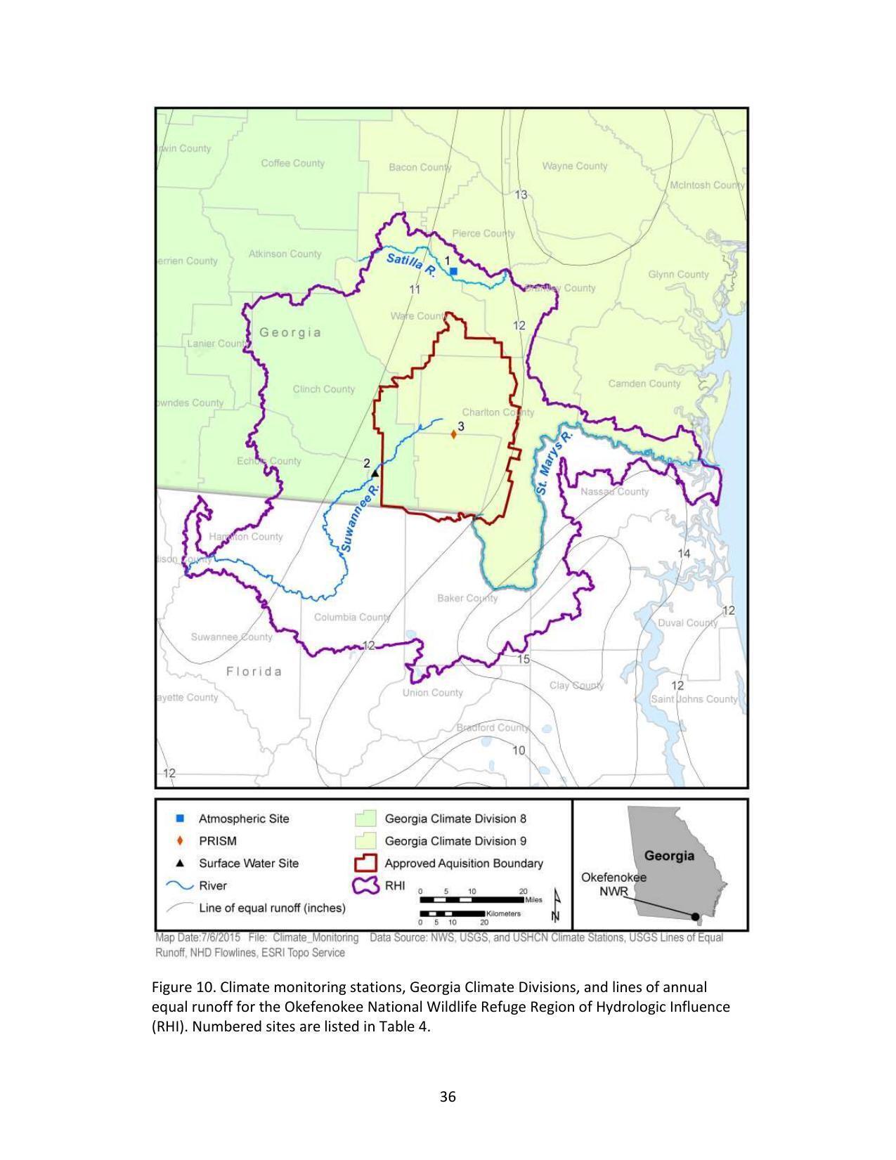 Figure 10. Climate monitoring stations, Georgia Climate Divisions, and lines of annual equal runoff for the Okefenokee National Wildlife Refuge Region of Hydrologic Influence (RHI). Numbered sites are listed in Table 4.