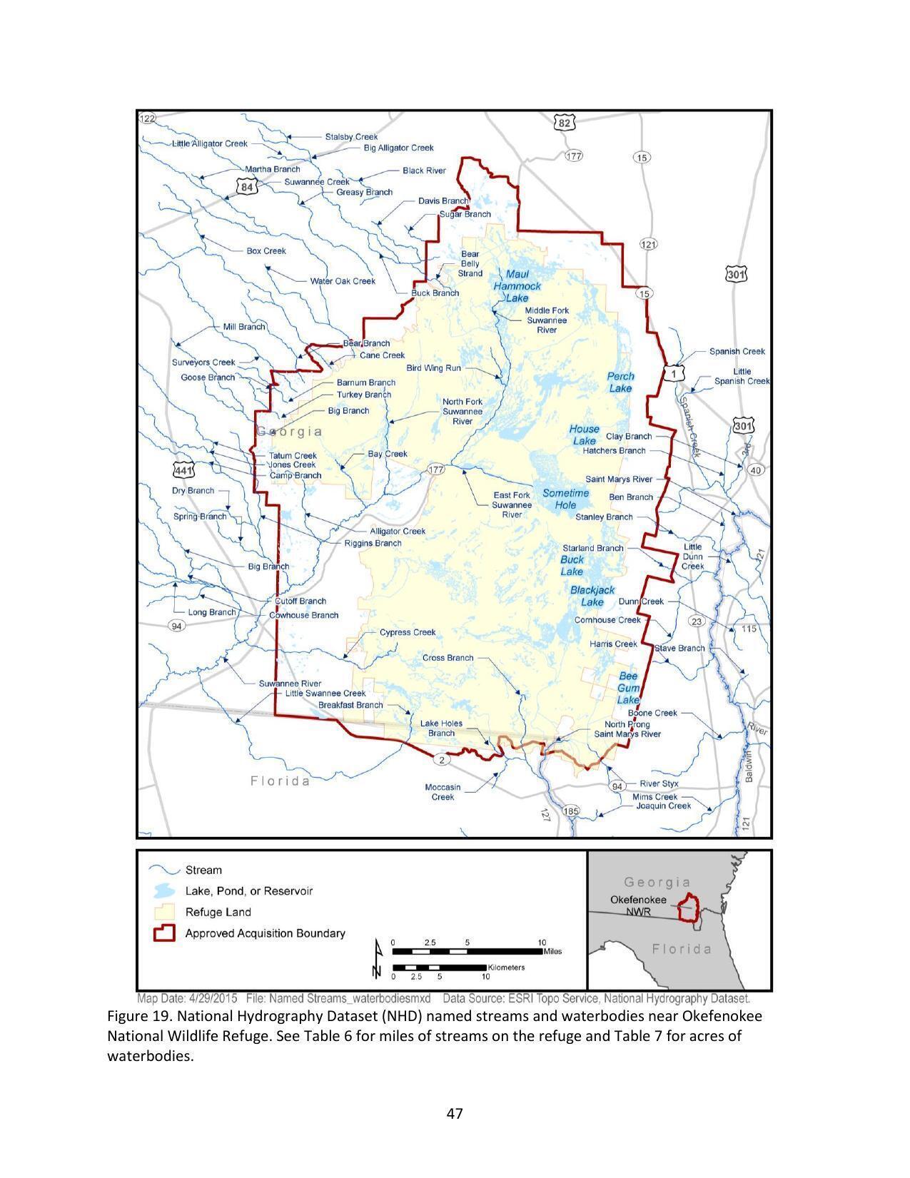 Figure 19. National Hydrography Dataset (NHD) named streams and waterbodies near Okefenokee National Wildlife Refuge.